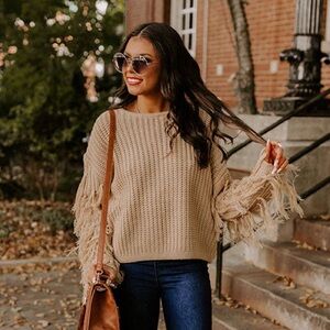 Dress Forum Beige Knit Crewneck Sweater with Fringed Sleeves